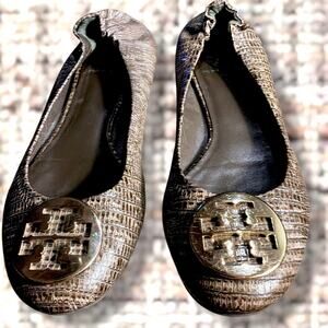 Women's  9.5 TORY BURCH Reva Smog Gray Leather Lizard Ballet Flats Minimal Wear